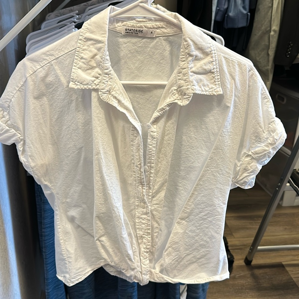 Small Stateside Poplin Short Sleeve Front Twist Button Up Shirt in White